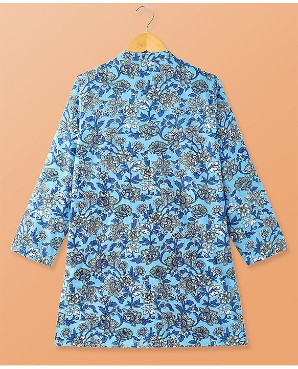 Pine Kids Cotton Woven Full Sleeves Kurta Pyjama Set Floral Print - Light Blue