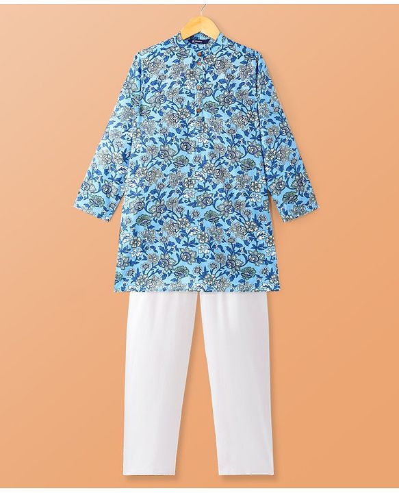 Pine Kids Cotton Woven Full Sleeves Kurta Pyjama Set Floral Print - Light Blue