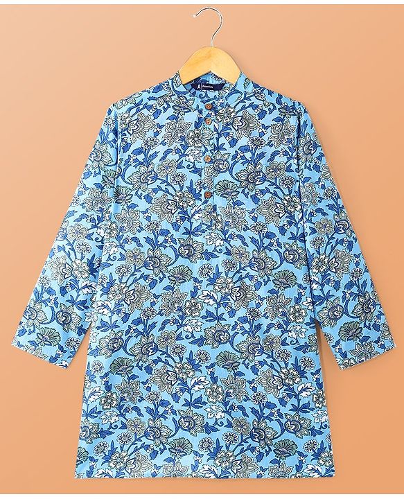 Pine Kids Cotton Woven Full Sleeves Kurta Pyjama Set Floral Print - Light Blue
