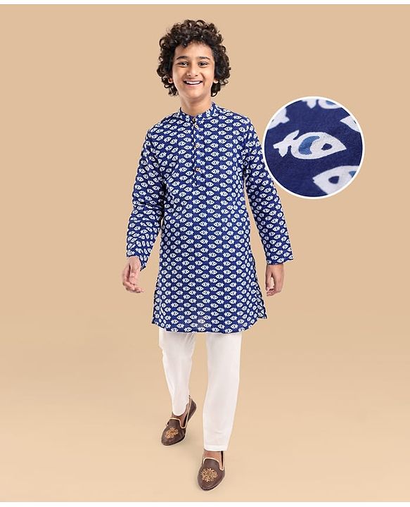 Pine Kids Cotton Woven Full Sleeves Printed Kurta Pyjama Set - Blue