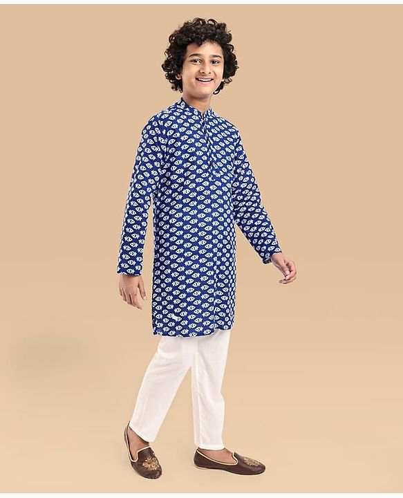 Pine Kids Cotton Woven Full Sleeves Printed Kurta Pyjama Set - Blue