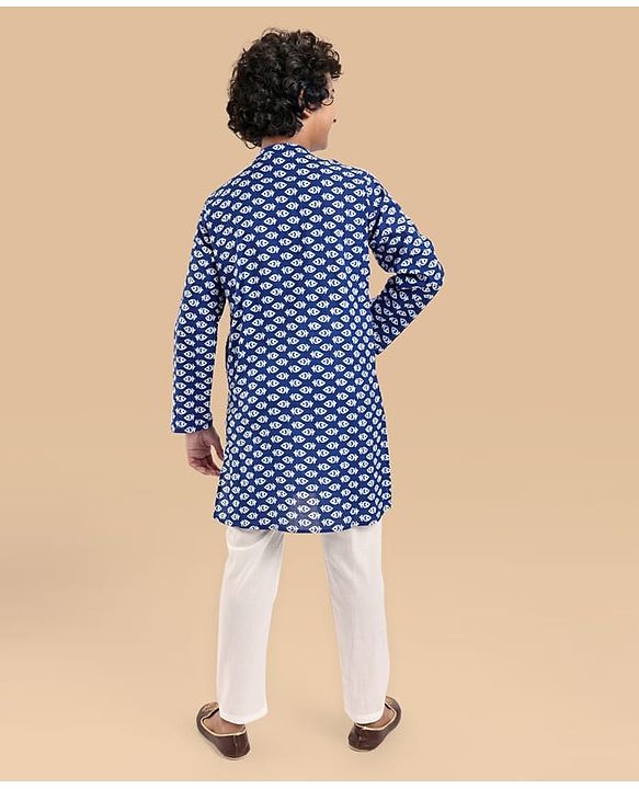 Pine Kids Cotton Woven Full Sleeves Printed Kurta Pyjama Set - Blue