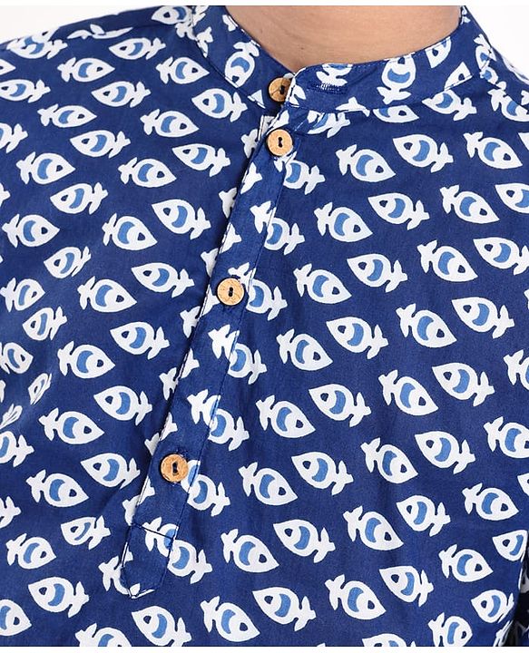 Pine Kids Cotton Woven Full Sleeves Printed Kurta Pyjama Set - Blue