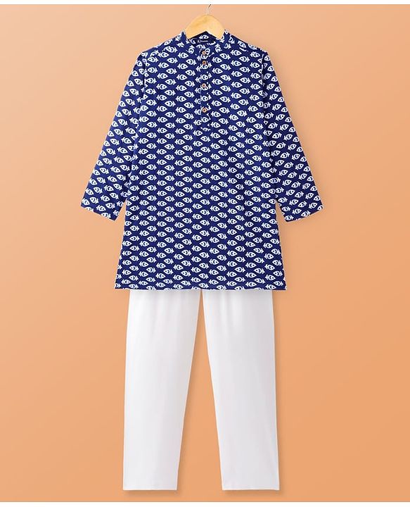 Pine Kids Cotton Woven Full Sleeves Printed Kurta Pyjama Set - Blue