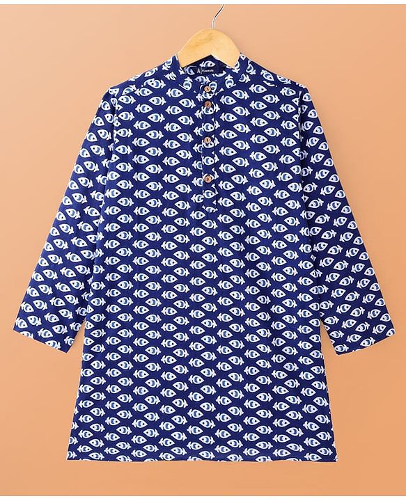 Pine Kids Cotton Woven Full Sleeves Printed Kurta Pyjama Set - Blue