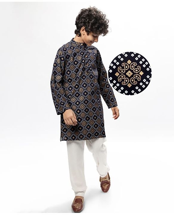 Pine Kids Cotton Woven Full Sleeves  Kurta Pyjama Set Bandhani Print - Black