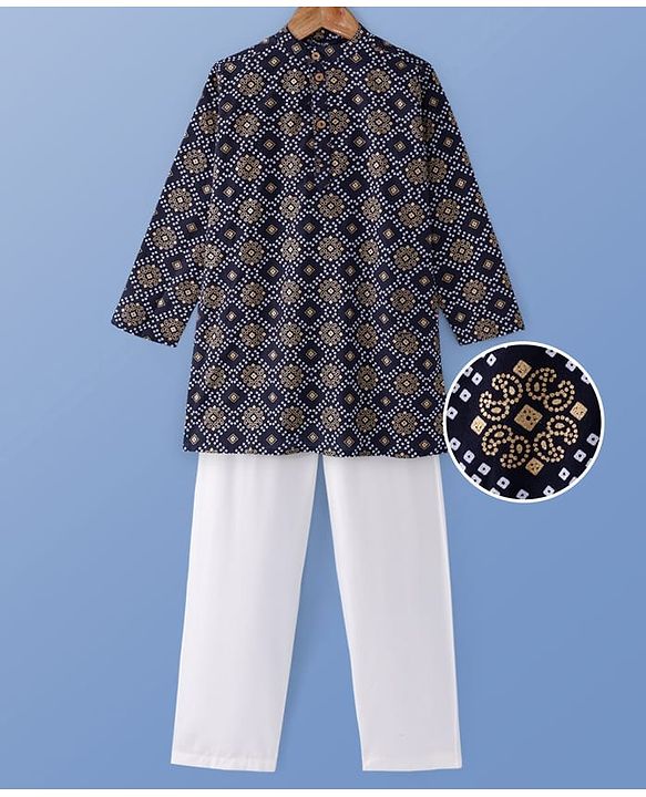 Pine Kids Cotton Woven Full Sleeves  Kurta Pyjama Set Bandhani Print - Black