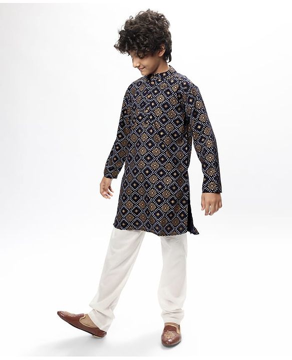Pine Kids Cotton Woven Full Sleeves  Kurta Pyjama Set Bandhani Print - Black