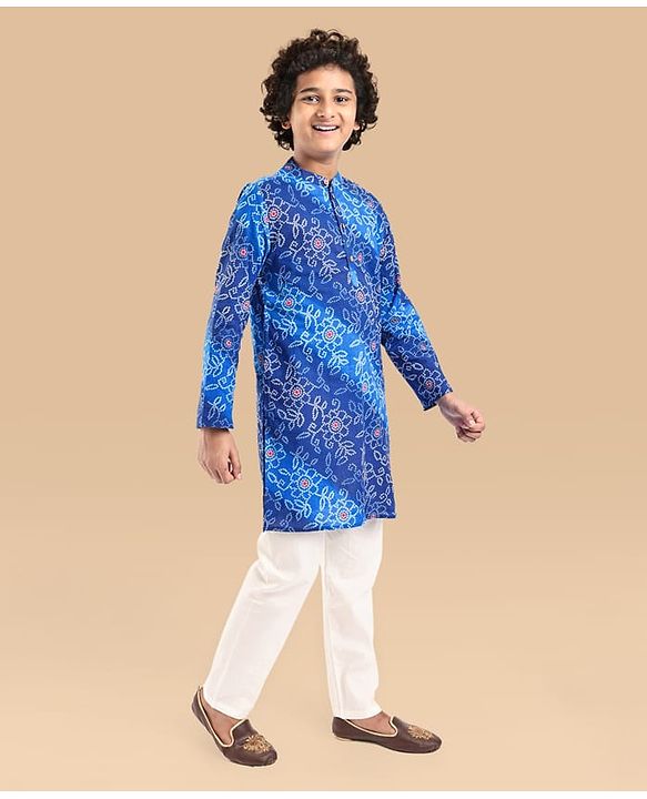 Pine Kids Cotton Woven Full Sleeves Bandhani Print Kurta Pyjama Set - Blue