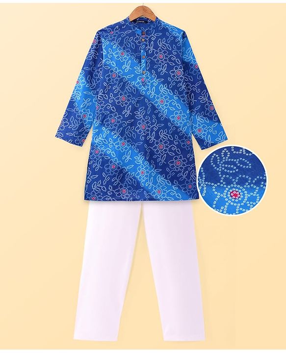 Pine Kids Cotton Woven Full Sleeves Bandhani Print Kurta Pyjama Set - Blue