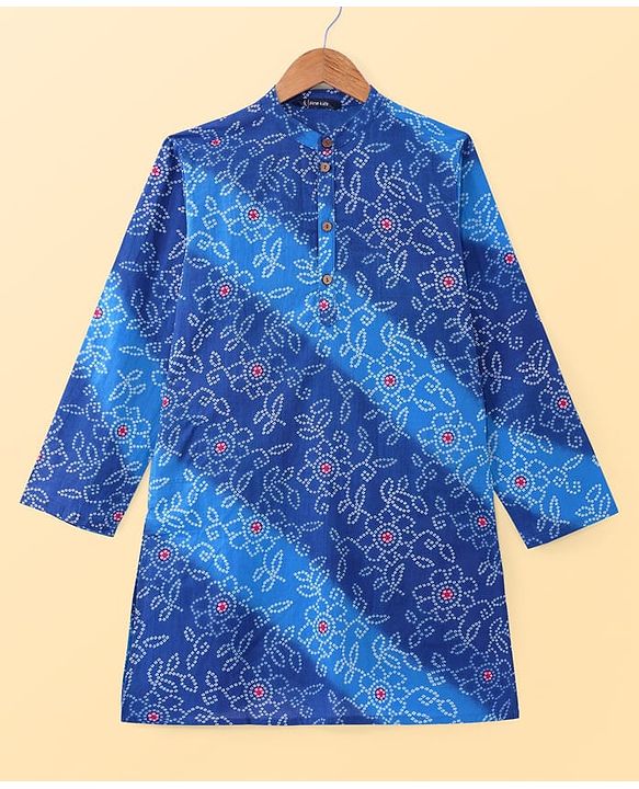 Pine Kids Cotton Woven Full Sleeves Bandhani Print Kurta Pyjama Set - Blue
