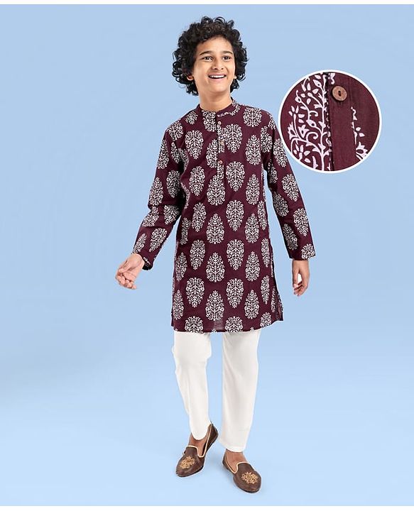 Pine Kids Cotton Woven Full Sleeves Floral Print Kurta Pyjama Set - Maroon