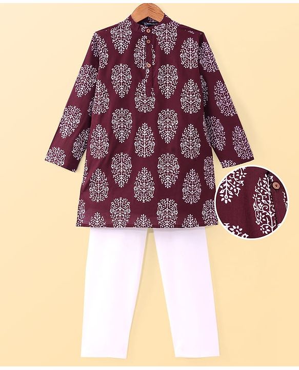 Pine Kids Cotton Woven Full Sleeves Floral Print Kurta Pyjama Set - Maroon