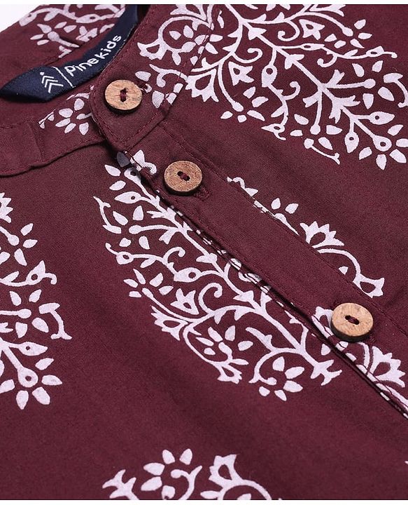 Pine Kids Cotton Woven Full Sleeves Floral Print Kurta Pyjama Set - Maroon