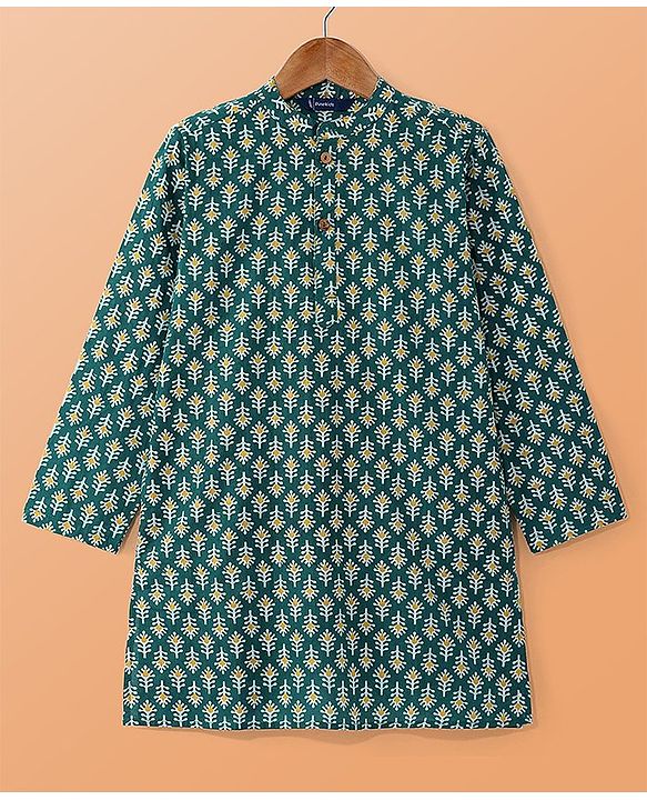 Pine Kids Cotton Woven Full Sleeves Kurta Pyjama Set With Floral Print- Dark Green