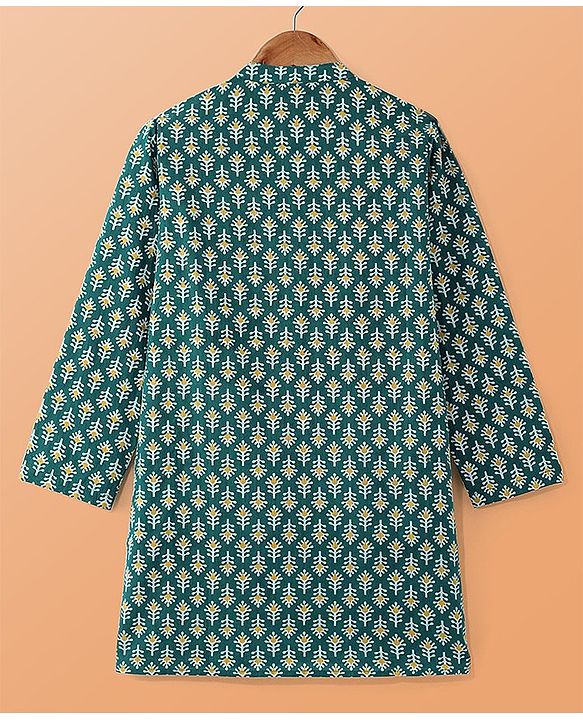 Pine Kids Cotton Woven Full Sleeves Kurta Pyjama Set With Floral Print- Dark Green