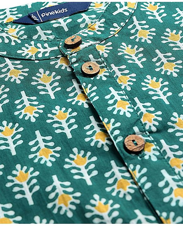 Pine Kids Cotton Woven Full Sleeves Kurta Pyjama Set With Floral Print- Dark Green