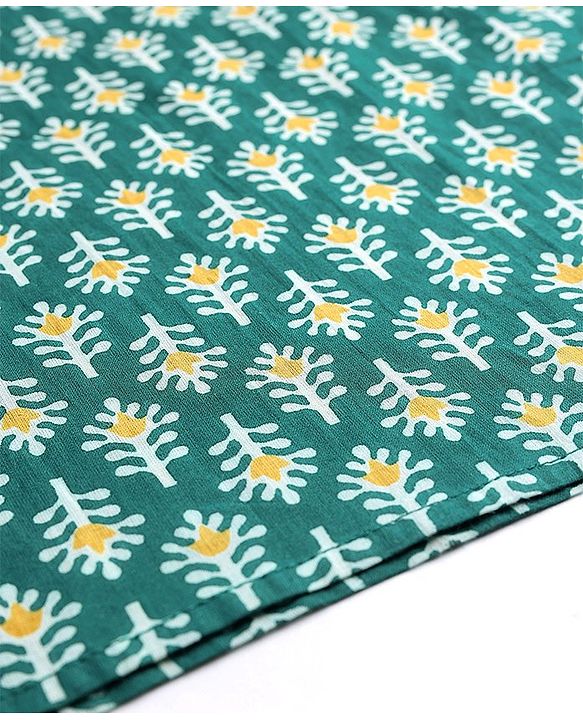 Pine Kids Cotton Woven Full Sleeves Kurta Pyjama Set With Floral Print- Dark Green
