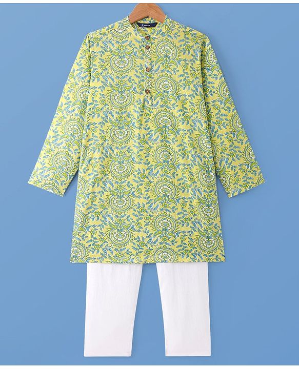 Pine Kids Cotton Woven Full Sleeves  Kurta Pyjama Set with Floral Print - Yellow