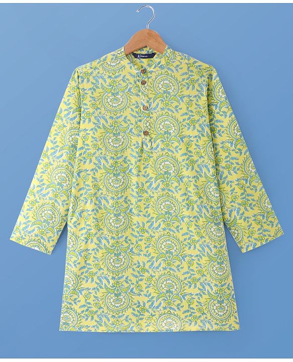 Pine Kids Cotton Woven Full Sleeves  Kurta Pyjama Set with Floral Print - Yellow