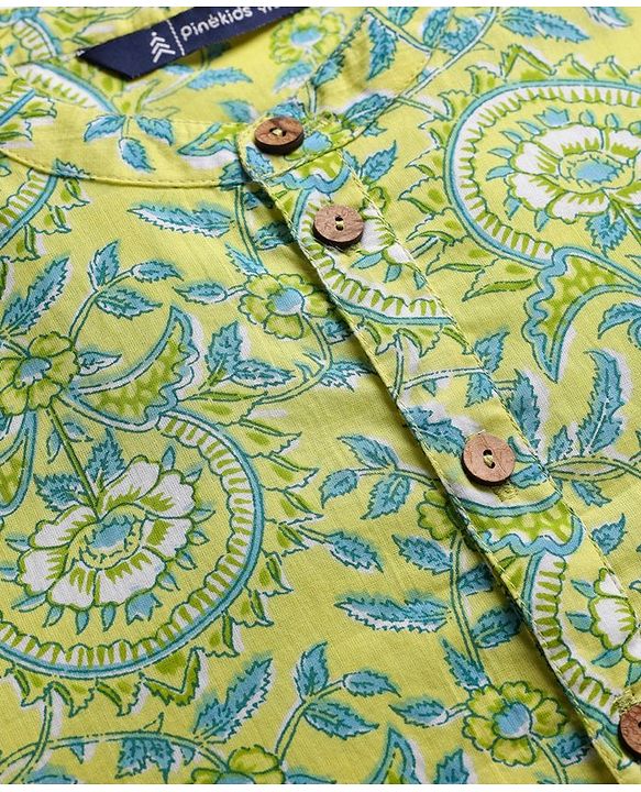 Pine Kids Cotton Woven Full Sleeves  Kurta Pyjama Set with Floral Print - Yellow