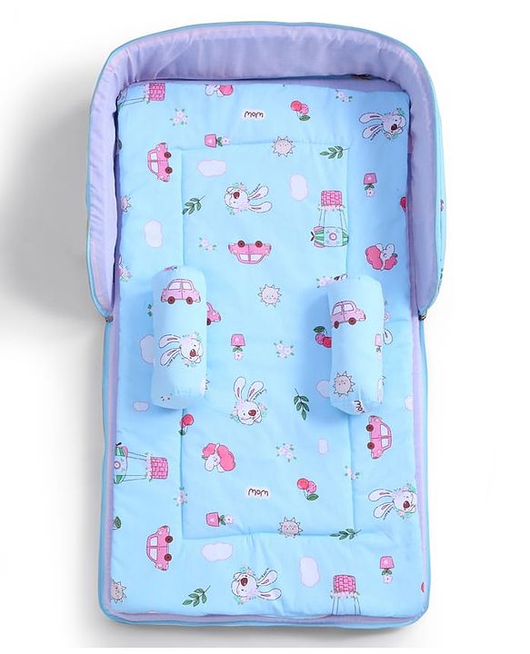Babyhug 100% Cotton Bed in Bag with Net Car Print - Blue
