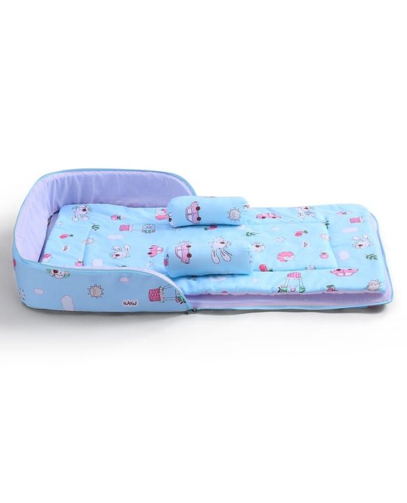 Babyhug 100% Cotton Bed in Bag with Net Car Print - Blue
