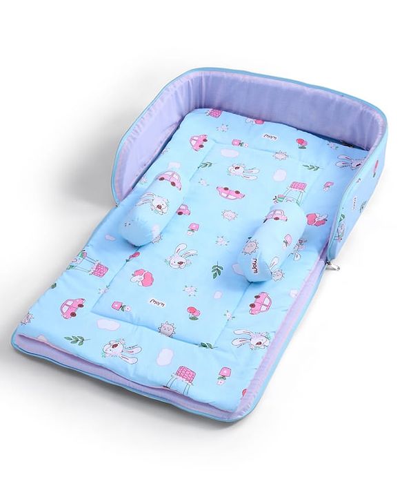 Babyhug 100% Cotton Bed in Bag with Net Car Print - Blue