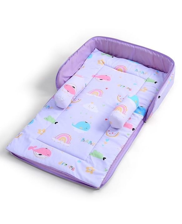 Babyhug 100% Cotton Bed in Bag with Net Car Print - Blue