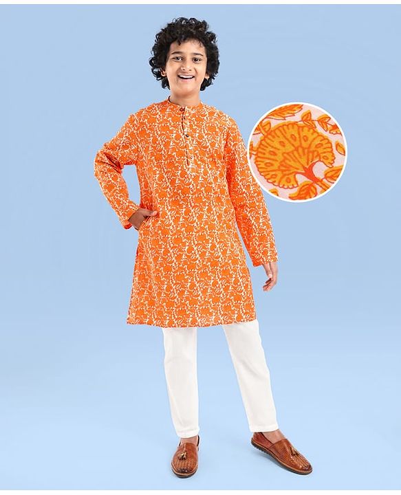 Pine Kids Cotton Woven Full Sleeves Kurta Pyjama Set With Floral Print - Orange