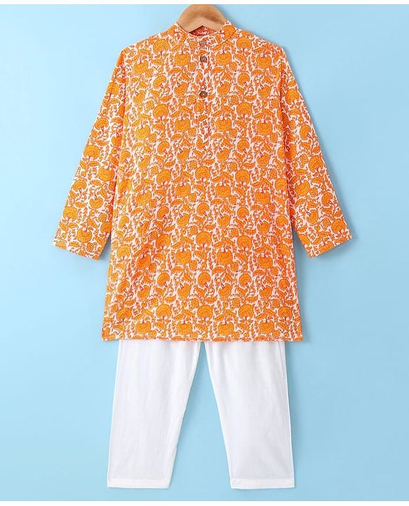 Pine Kids Cotton Woven Full Sleeves Kurta Pyjama Set With Floral Print - Orange