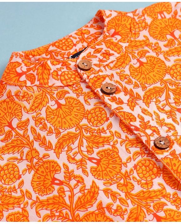 Pine Kids Cotton Woven Full Sleeves Kurta Pyjama Set With Floral Print - Orange