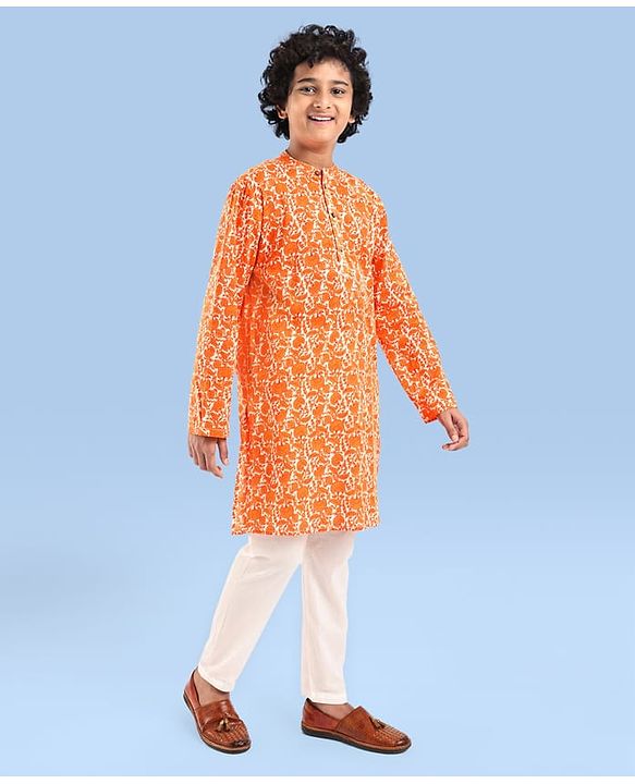 Pine Kids Cotton Woven Full Sleeves Kurta Pyjama Set With Floral Print - Orange
