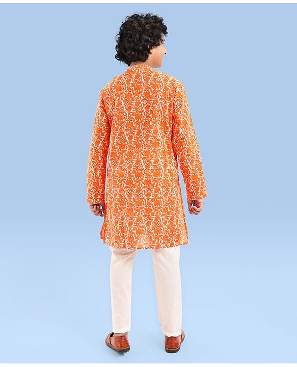 Pine Kids Cotton Woven Full Sleeves Kurta Pyjama Set With Floral Print - Orange