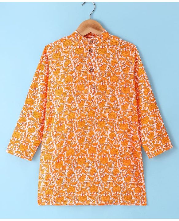Pine Kids Cotton Woven Full Sleeves Kurta Pyjama Set With Floral Print - Orange