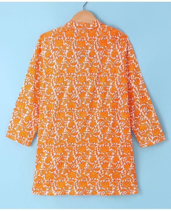 Pine Kids Cotton Woven Full Sleeves Kurta Pyjama Set With Floral Print - Orange
