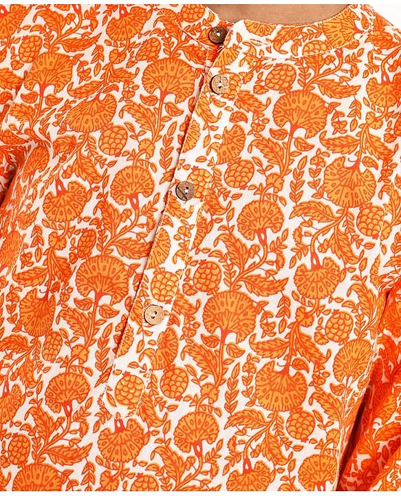 Pine Kids Cotton Woven Full Sleeves Kurta Pyjama Set With Floral Print - Orange