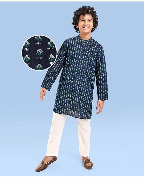 Pine Kids Cotton Woven Full Sleeves  Kurta Pyjama Set Floral Print - Navy Blue