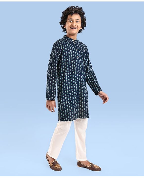 Pine Kids Cotton Woven Full Sleeves  Kurta Pyjama Set Floral Print - Navy Blue