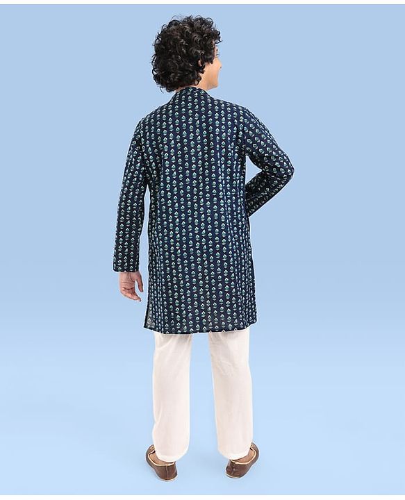 Pine Kids Cotton Woven Full Sleeves  Kurta Pyjama Set Floral Print - Navy Blue