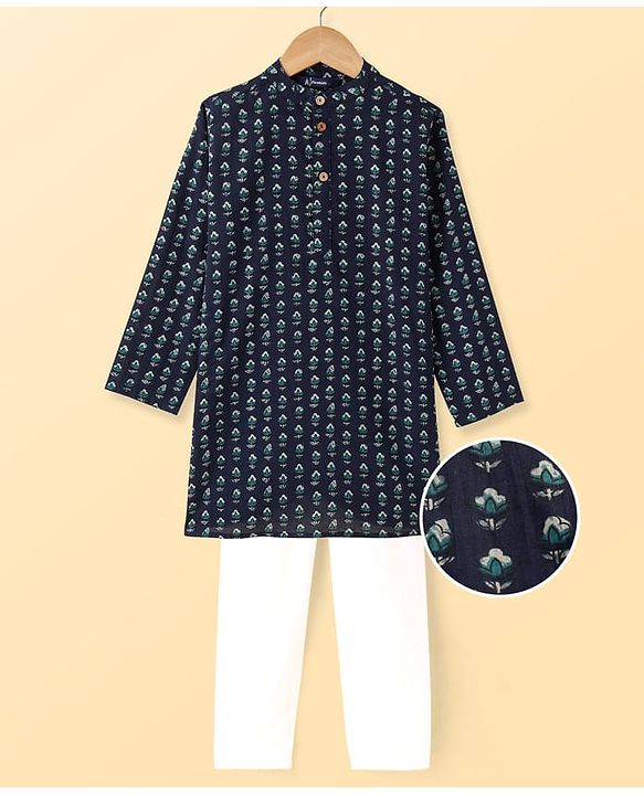 Pine Kids Cotton Woven Full Sleeves  Kurta Pyjama Set Floral Print - Navy Blue