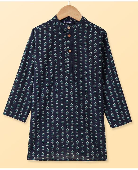 Pine Kids Cotton Woven Full Sleeves  Kurta Pyjama Set Floral Print - Navy Blue
