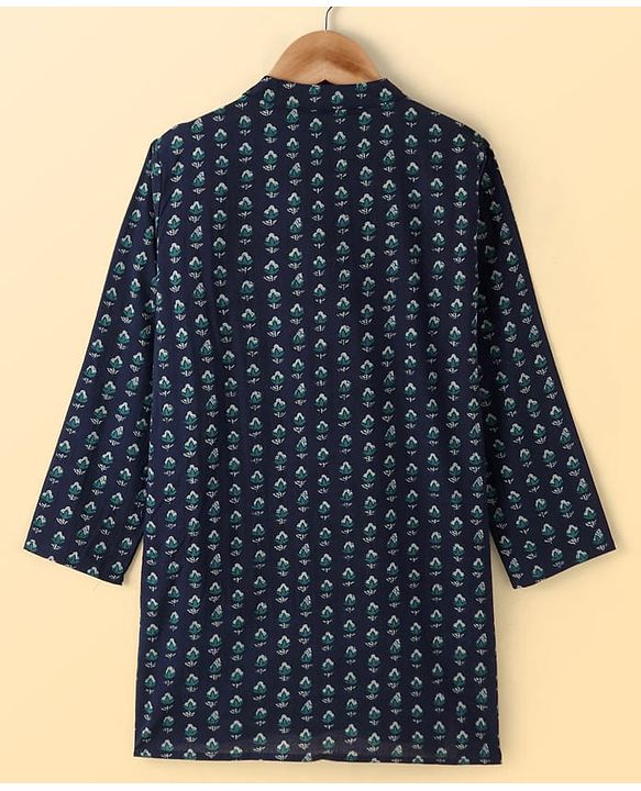 Pine Kids Cotton Woven Full Sleeves  Kurta Pyjama Set Floral Print - Navy Blue