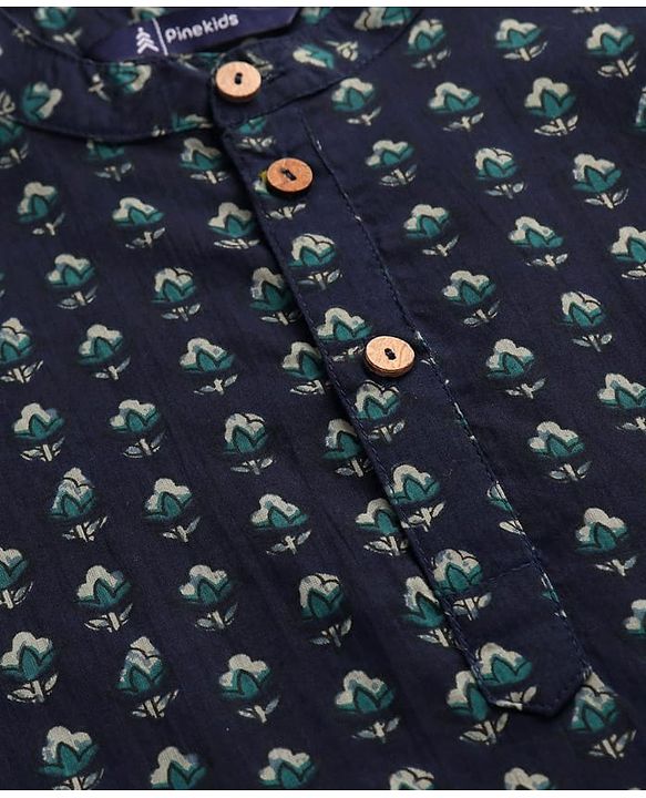 Pine Kids Cotton Woven Full Sleeves  Kurta Pyjama Set Floral Print - Navy Blue