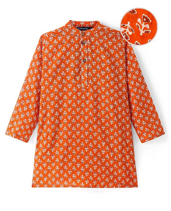 Pine Kids Cotton Woven Full Sleeves Kurta Floral Print - Rust