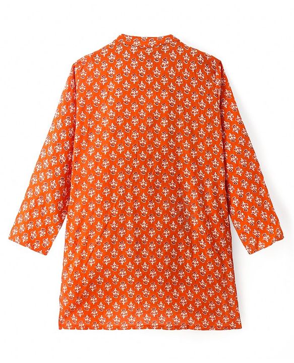 Pine Kids Cotton Woven Full Sleeves Kurta Floral Print - Rust