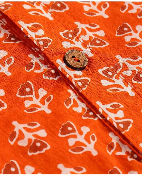 Pine Kids Cotton Woven Full Sleeves Kurta Floral Print - Rust