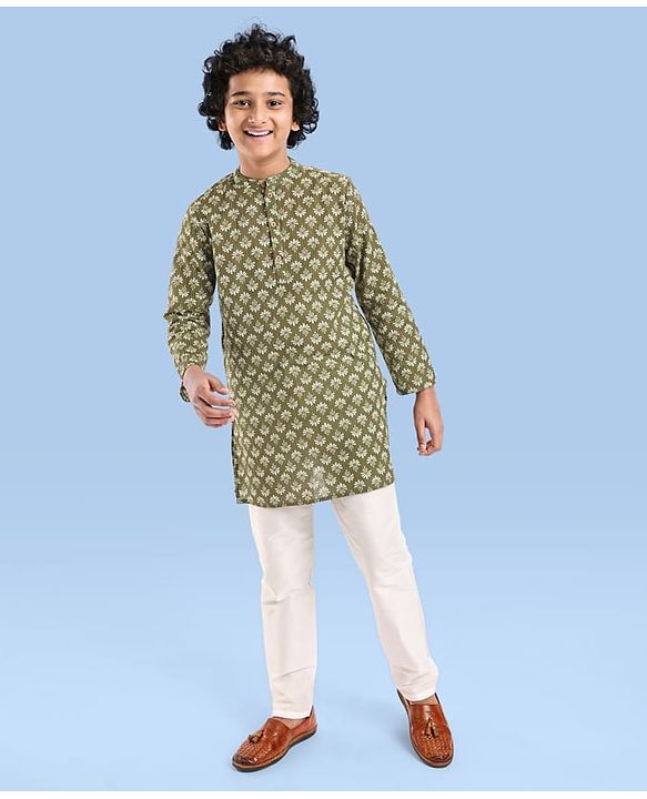 Pine Kids Cotton Woven Full Sleeves Printed Kurta - Olive Green