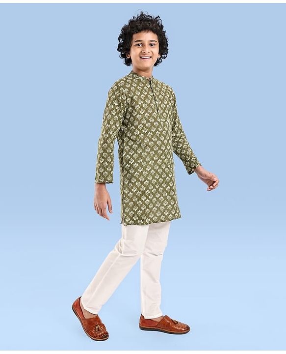 Pine Kids Cotton Woven Full Sleeves Printed Kurta - Olive Green