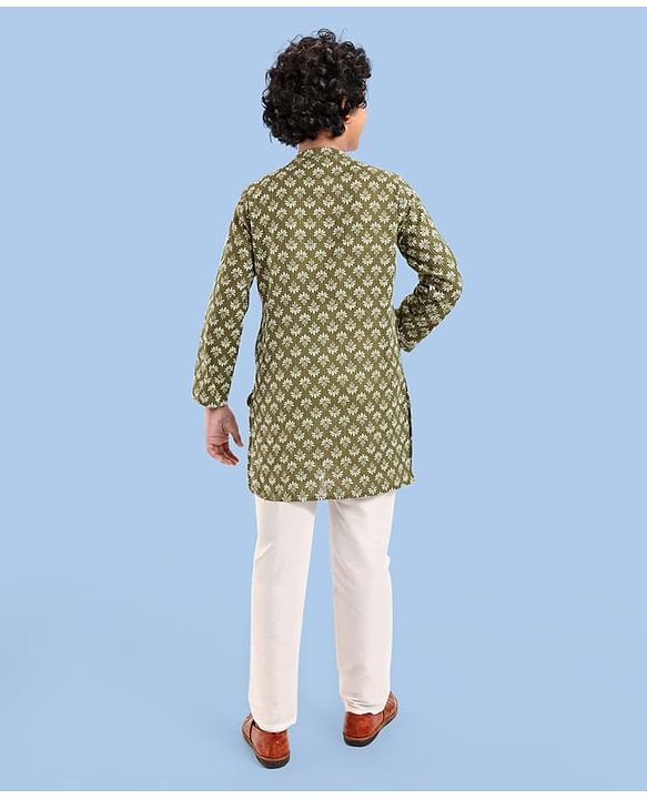 Pine Kids Cotton Woven Full Sleeves Printed Kurta - Olive Green